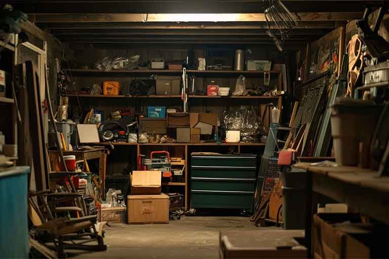 Cellar filled with old junk in need of basement cleanout services from Garbage Gurus