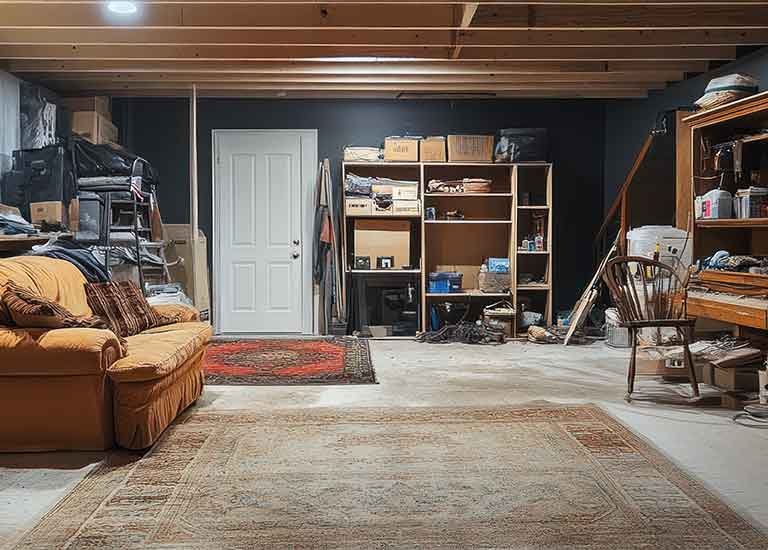 Finished basement with clutter in need of basement junk removal service from Garbage Gurus
