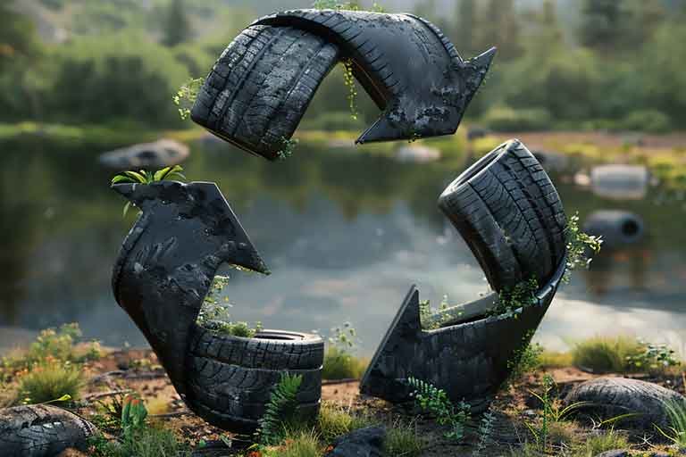 recycling sign made out of rubber tires