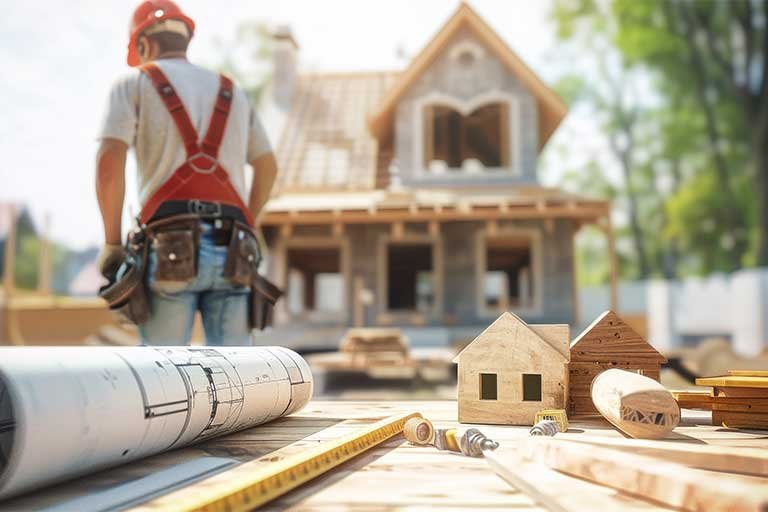 Construction worker in a red hard hat and tool belt standing near blueprints and wooden house models, with a partially built house in the background, illustrating the context of dumpster rental for construction debris management.