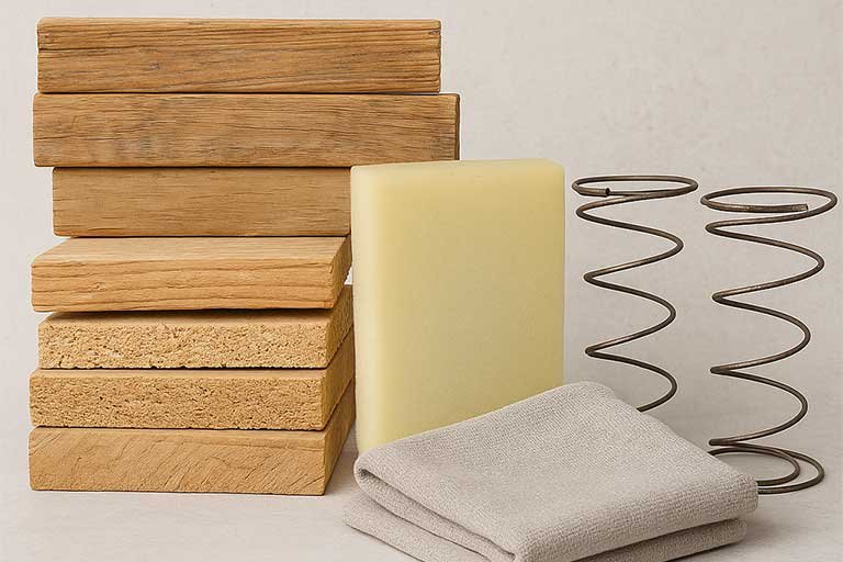 raw furniture recycling materials - wood, foam, meal springs, textile fabric