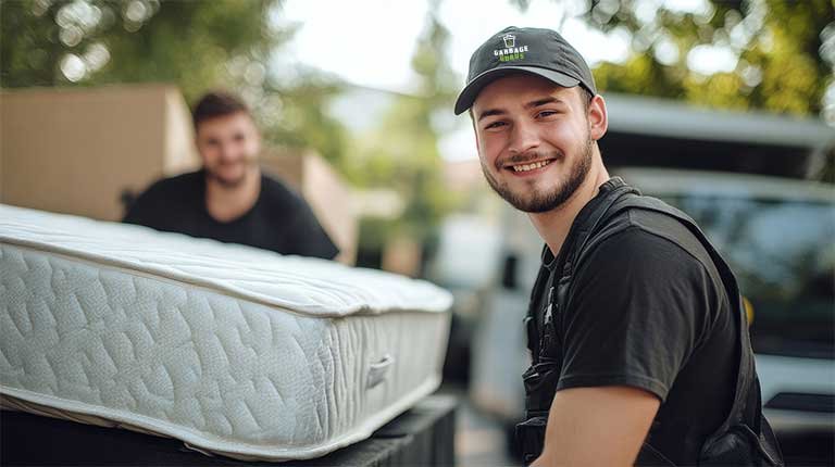 Smiling garbage removal crew member with mattress, showcasing Garbage Gurus' mattress recycling services and convenient pickup for eco-friendly disposal.