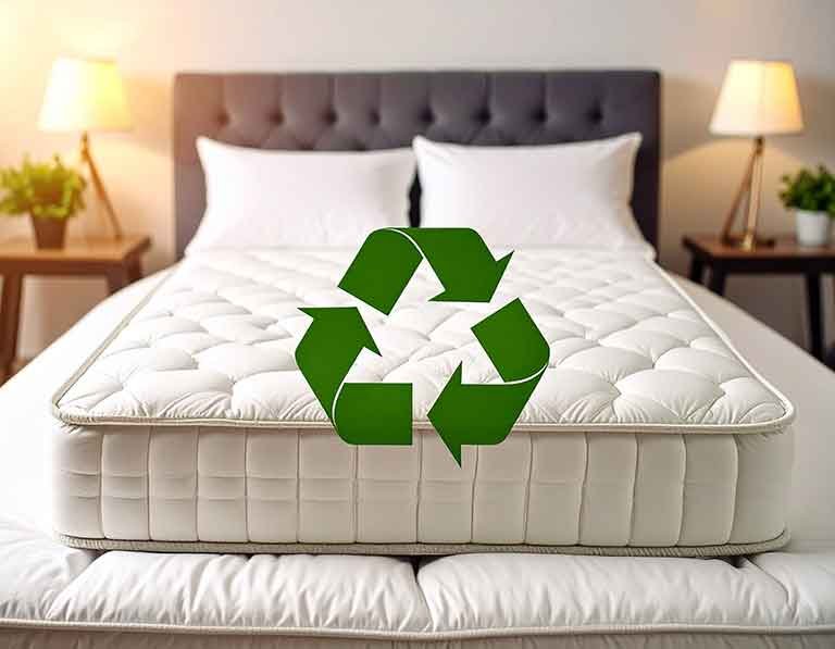 Mattress on a bed with a green recycling symbol, highlighting the importance of mattress recycling in Massachusetts for environmentally responsible disposal.