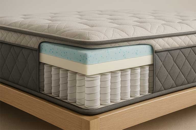 Cross-section of a mattress showing layers of foam, fabric, and steel springs, illustrating materials involved in mattress recycling and deconstruction processes.