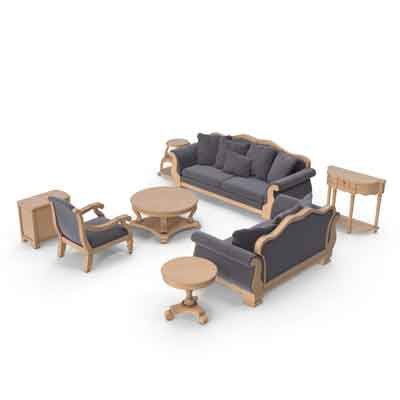 Furniture set including a gray sofa, two armchairs, a round coffee table, and side tables, representing household furniture removal services by Garbage Gurus.
