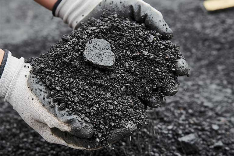 Person holding a handful of recycled asphalt shingle material, illustrating eco-friendly roofing debris recycling practices.