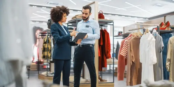 Retail store manager and sales associate talking representing junk removal services for retail stores and other consumer service businesses