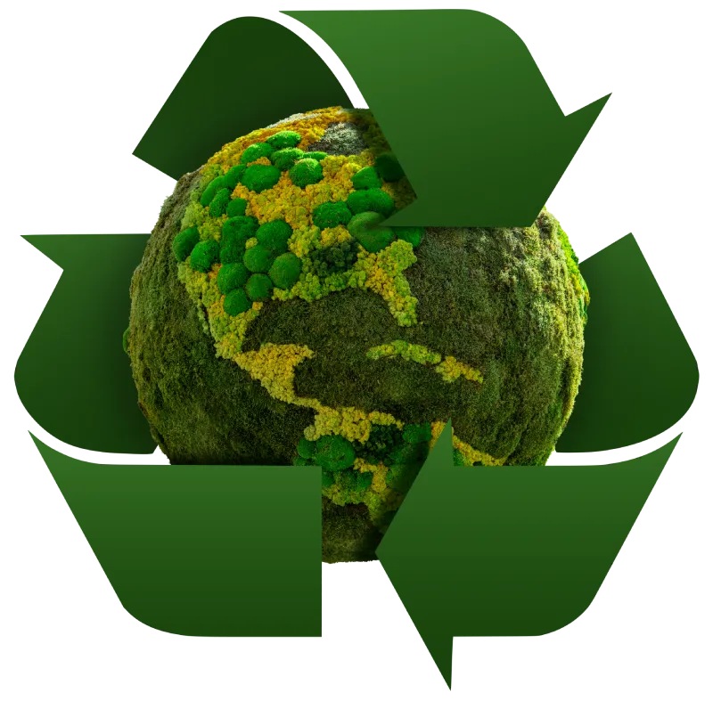 recycling symbol with the Earth centered inside the forwarding arrows, representing eco-friendly junk removal solutions