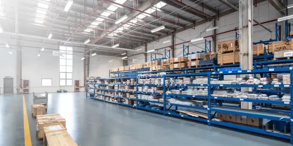 A warehouse with stocked shelves representative of Garbage Gurus serving warehouse and storage areas with commercial junk removal