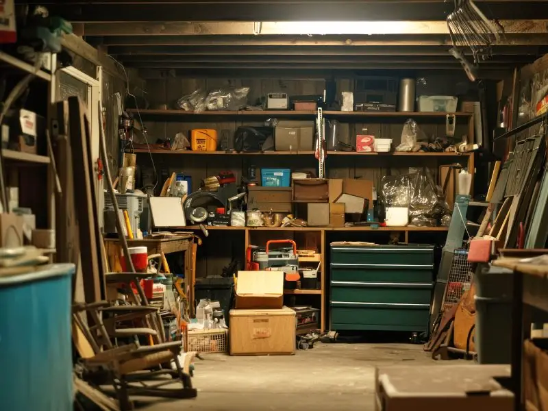 old workbench in basement with a bunch of old boxes, tools, and household junk representing basement cleanout service for homes and businesses in the North Central MA region