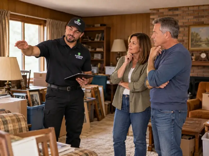 Garbage Gurus junk removal technician consulting with a family about their estate cleanout service options