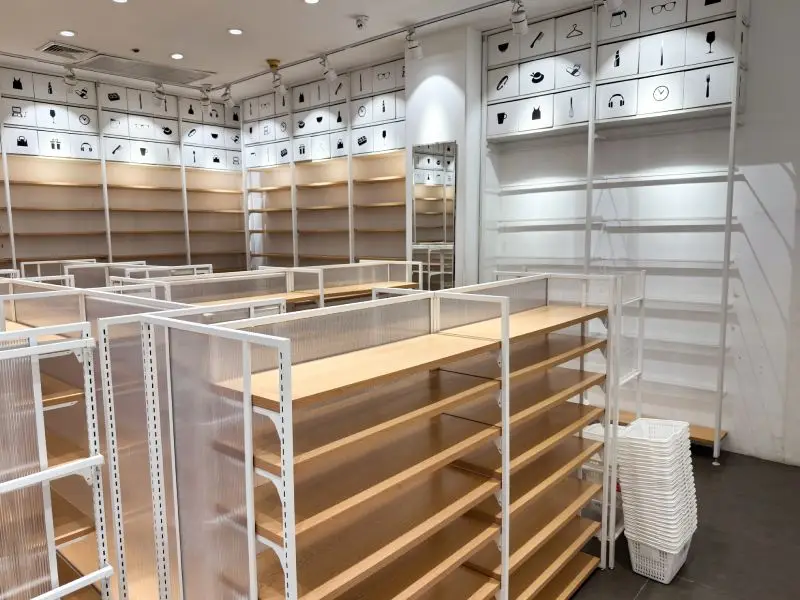empty shelf and storage racks in a retail space representing retail store cleanout service for shops in the North Central MA