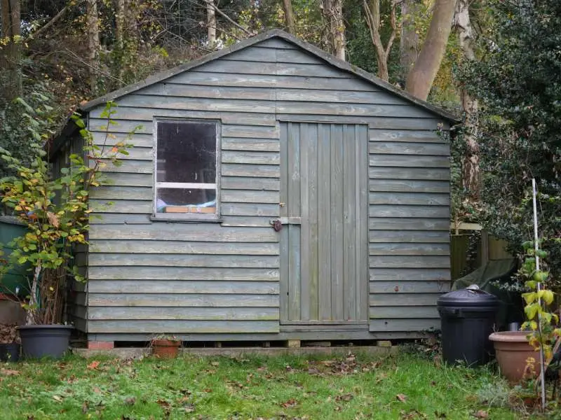 Exterior shot of an old shed in residential backyard representing shed cleanout service for residents in North Central MA