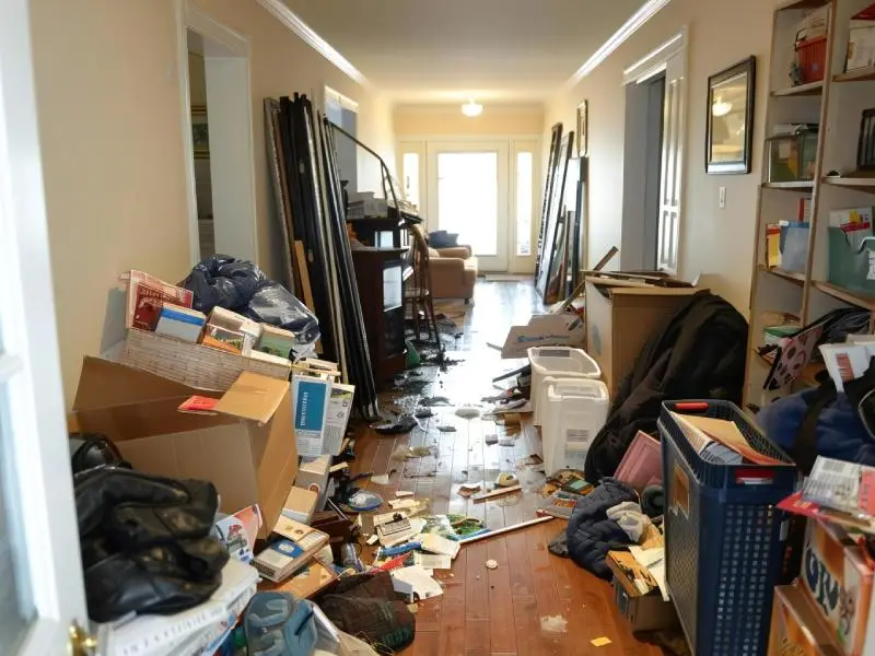 Large hallway in single-family home with cluttered shelves, boxes, furniture pushed up against the walls representing a whole-house cleanout service for homes in the North Central MA region